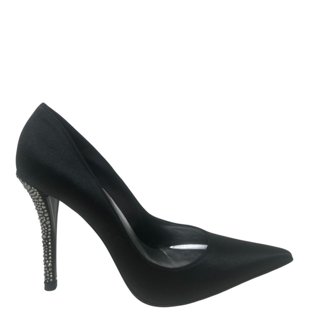 Stuart Weitzman Black Satin Crystal Embellished Heels Pointed Toe Pumps Size 8.5